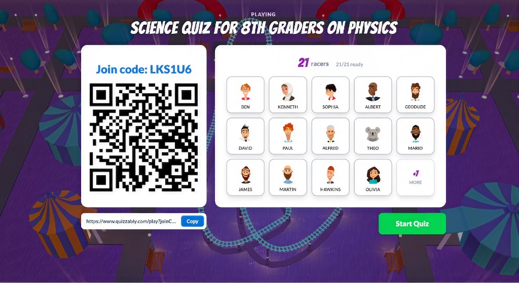 The QuizRace host lobby showing a join code, a QR code and the players who have joined